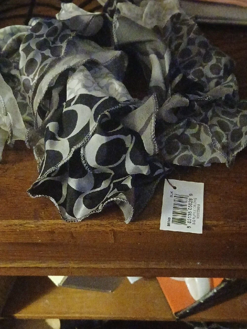 Coach Gray and Black Signature Print Decorative Scarf Ruffeled Oblong 100% Silk